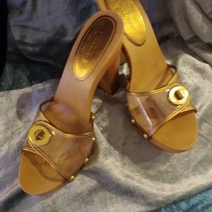 Coach bronze clear signature wood platform heels
